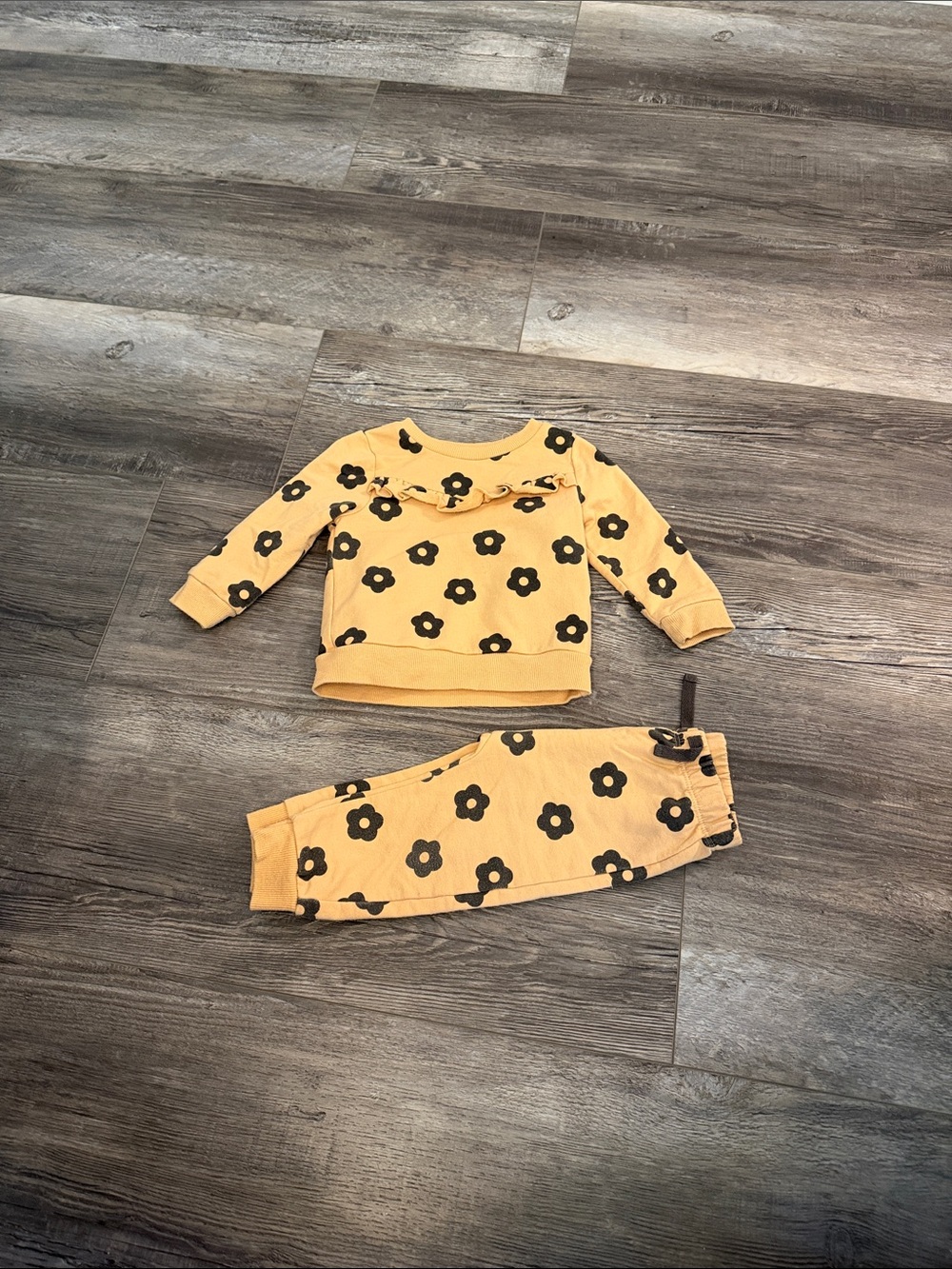 Pl Baby Mustard Floral Kids Pajama Set with Black Flowers